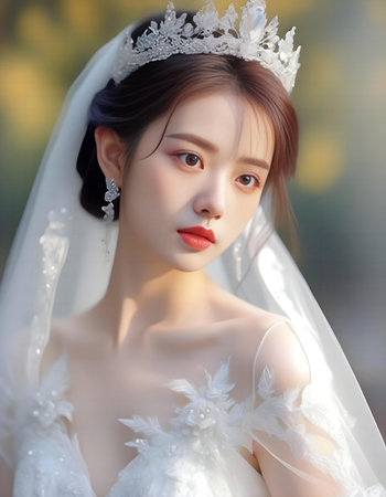 Beautiful asian woman in white wedding dress with makeup and hairstyleの素材