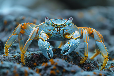 Close up of a blue crab on a rock in the ocean.の素材