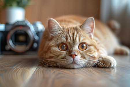 Cute ginger cat lying on the floor with a camera in the backgroundの素材