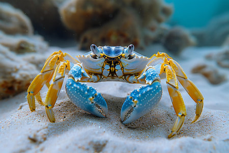 Blue crab on the sand in the ocean, close-up.の素材