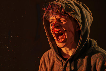 Screaming young man in a hood on a dark background.の素材