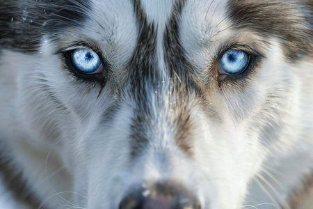Close-up portrait of a Siberian husky with blue eyes.の素材