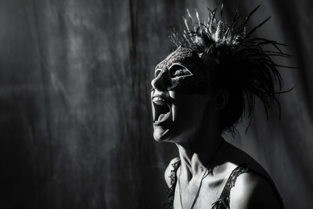 Portrait of a beautiful woman in a carnival mask on a dark backgroundの素材