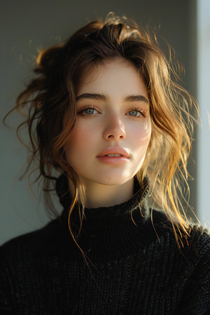 Portrait of a beautiful young woman with brown hair in a black sweaterの素材
