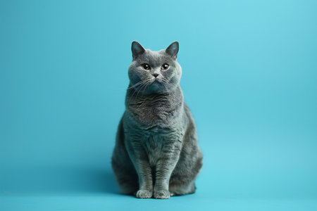 blue british shorthair cat sitting on blue background with copy spaceの素材
