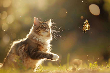 Beautiful maine coon cat playing with a butterfly in the gardenの素材
