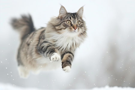 beautiful siberian cat in winter clothes jumping in the snowの素材