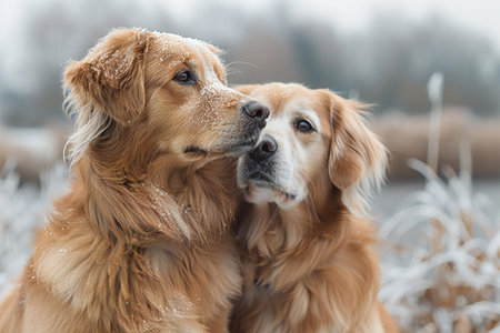 Two golden retriever dogs are playing in the snow. Winter background.の素材
