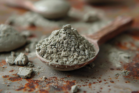 Heap of whey protein powder with spoon on rusty metal backgroundの素材