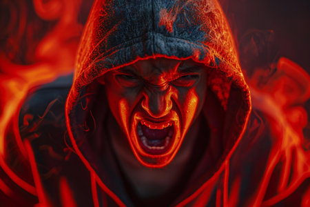 Screaming man in a hood. Horror movie. Halloween.の素材