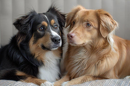 Portrait of a border collie and a australian shepherdの素材