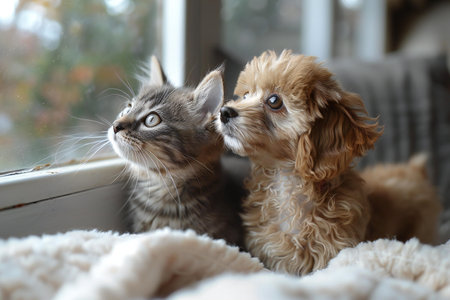 Cute little kitten and puppy looking out the window at home.の素材