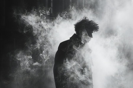 Young man in a black coat in the smoke on a dark backgroundの素材