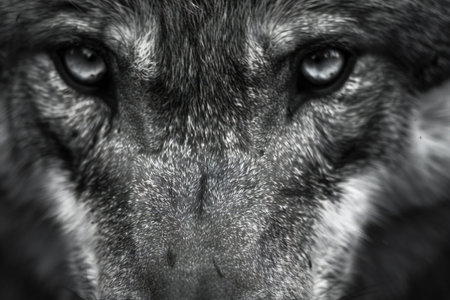 Portrait of a grey wolf. Close-up. Black and white.の素材