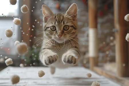 Cute cat playing with balls on window sill indoors, closeupの素材