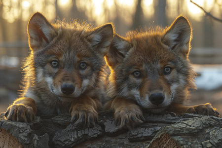 Two foxes sitting on a log in the sunset light. Portrait of wild animals.の素材