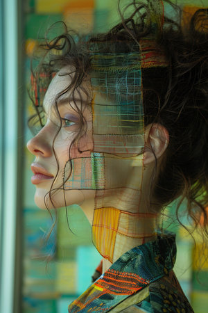 beautiful young woman with creative make-up and hairstyle looking through windowの素材