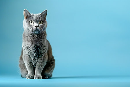 Studio portrait of a blue british shorthair cat sitting on blue backgroundの素材