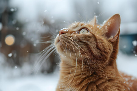 Cute ginger cat in the snow. Snowfall in winter.の素材