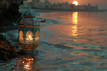 Lantern in the sea at sunset. Ramadan Kareem.の素材