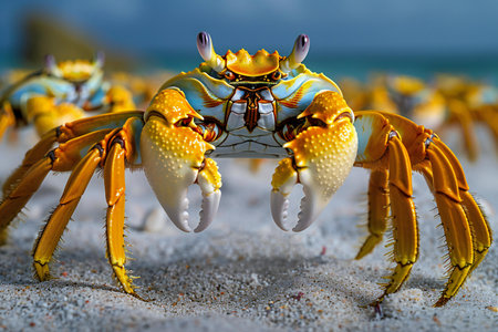 Close-up of a yellow and blue crab on the beach.の素材