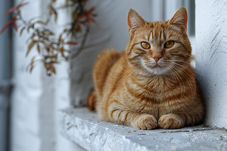 Cute ginger cat lying on the windowsill and looking at the cameraの素材