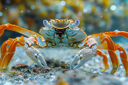 Close-up of a blue crab on the sand in the oceanの素材