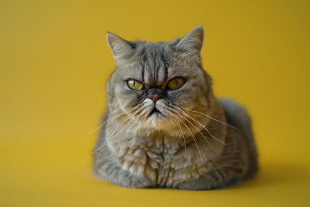 Beautiful british shorthair cat on a yellow background.の素材