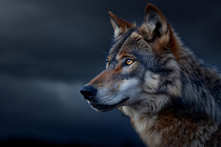 Portrait of a wolf in front of a dark stormy skyの素材