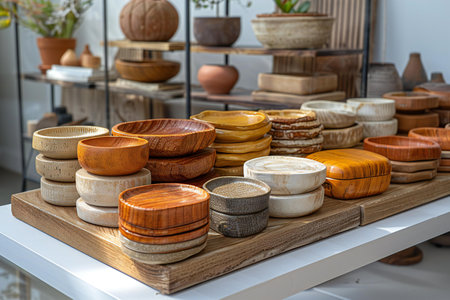 Wooden tableware made from natural materials in the interior of the storeの素材