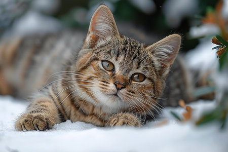 Beautiful cat on the snow in winter. Striped cat.の素材