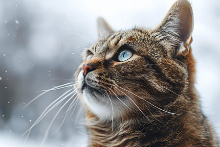 Portrait of a tabby cat on a background of snowfall.の素材