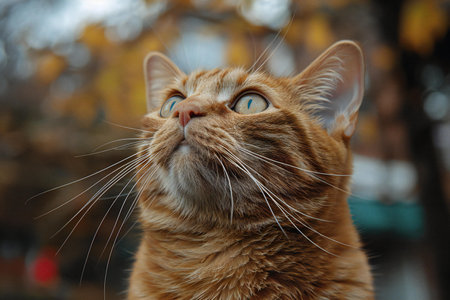 Portrait of a ginger cat on a background of autumn leaves.の素材