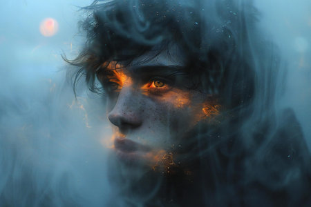 A portrait of a young man with smoke coming out of his face.の素材