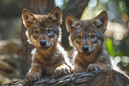 Portrait of two wolf cubs in the forest. Wildlife scene from nature.の素材