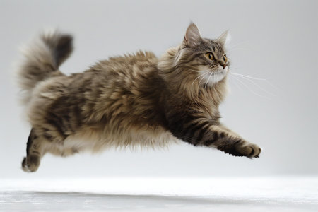 Siberian cat jumping and looking at camera isolated on white backgroundの素材