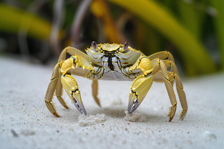 Close up of a yellow crab on white sand in the ocean.の素材