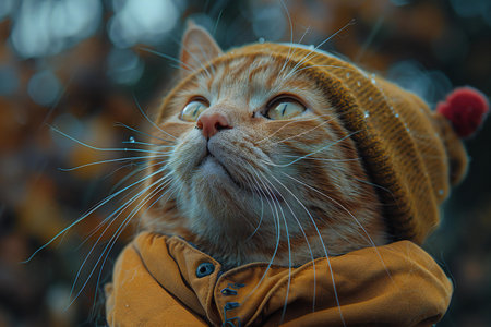 Funny ginger cat in a warm hat and jacket in the autumn park.の素材