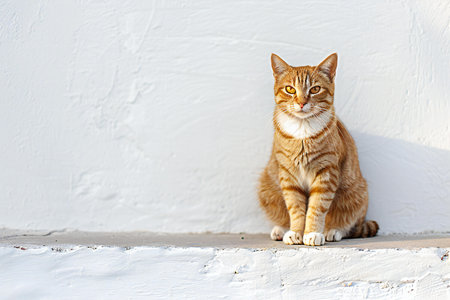 Portrait of a red cat sitting in front of the white wallの素材