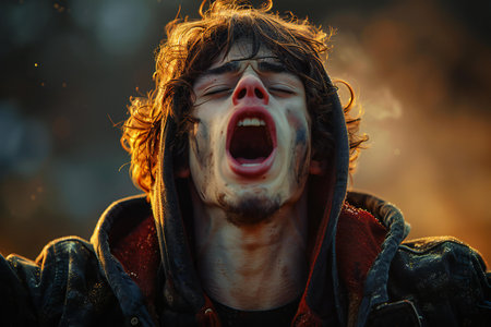 Screaming man with blood on his face. Horror movie.の素材