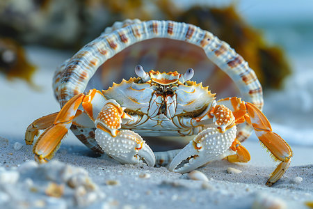 Close up of a crab on the beach with shell in the backgroundの素材