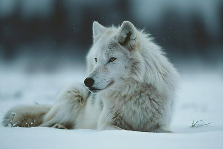 White wolf lying on snow in winter forest. Portrait of wild animal.の素材