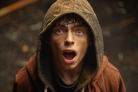 Portrait of a young man in a hood on a dark backgroundの素材