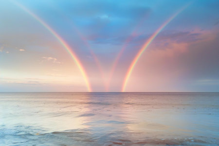 Rainbow over the sea at sunset. Beautiful nature landscape with rainbow.の素材