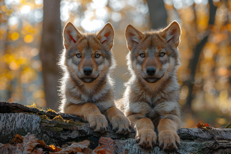 Two wolf cubs sitting on a log in the autumn forest.の素材