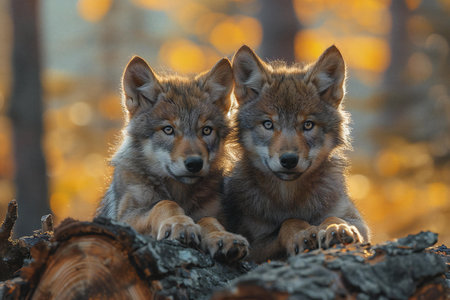 Two wolves sitting on a log in the autumn forest looking at the cameraの素材