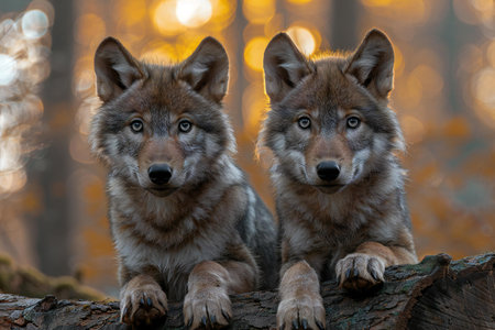 Two wolves sitting on a log in the forest at sunset or sunrise.の素材