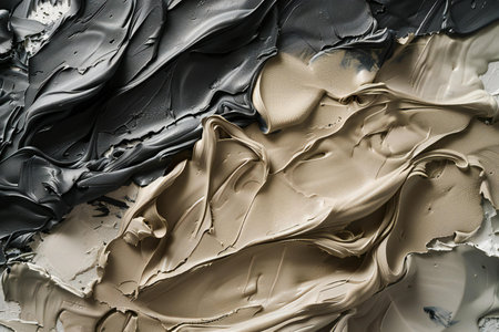 Black and beige paint smears on a white background. Close-up.の素材