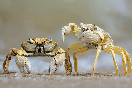 Close up of two yellow sand crabs on the beach with blurred backgroundの素材