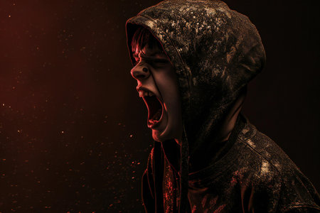 Screaming woman in a hood on a dark background. Halloween.の素材